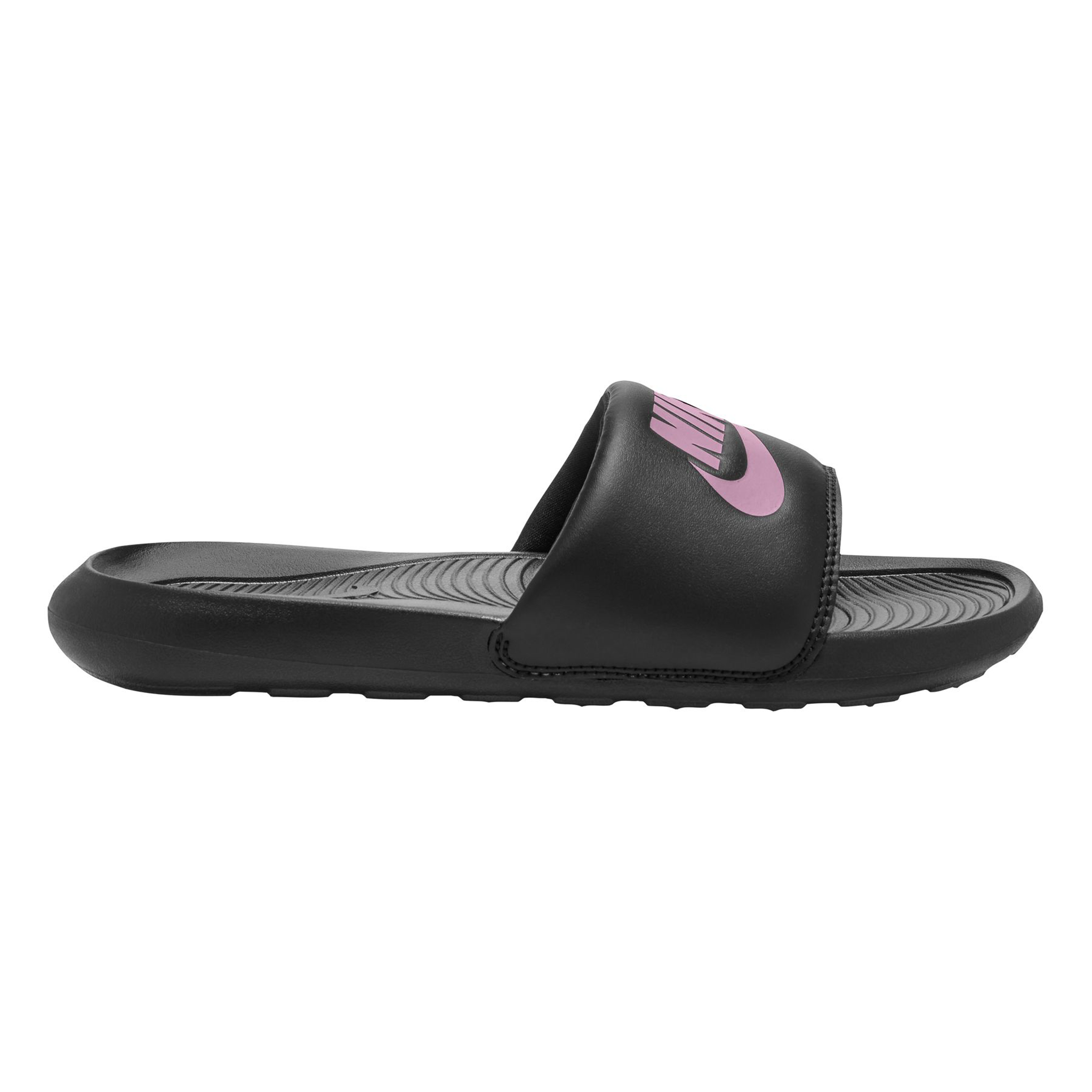black and pink nike sliders