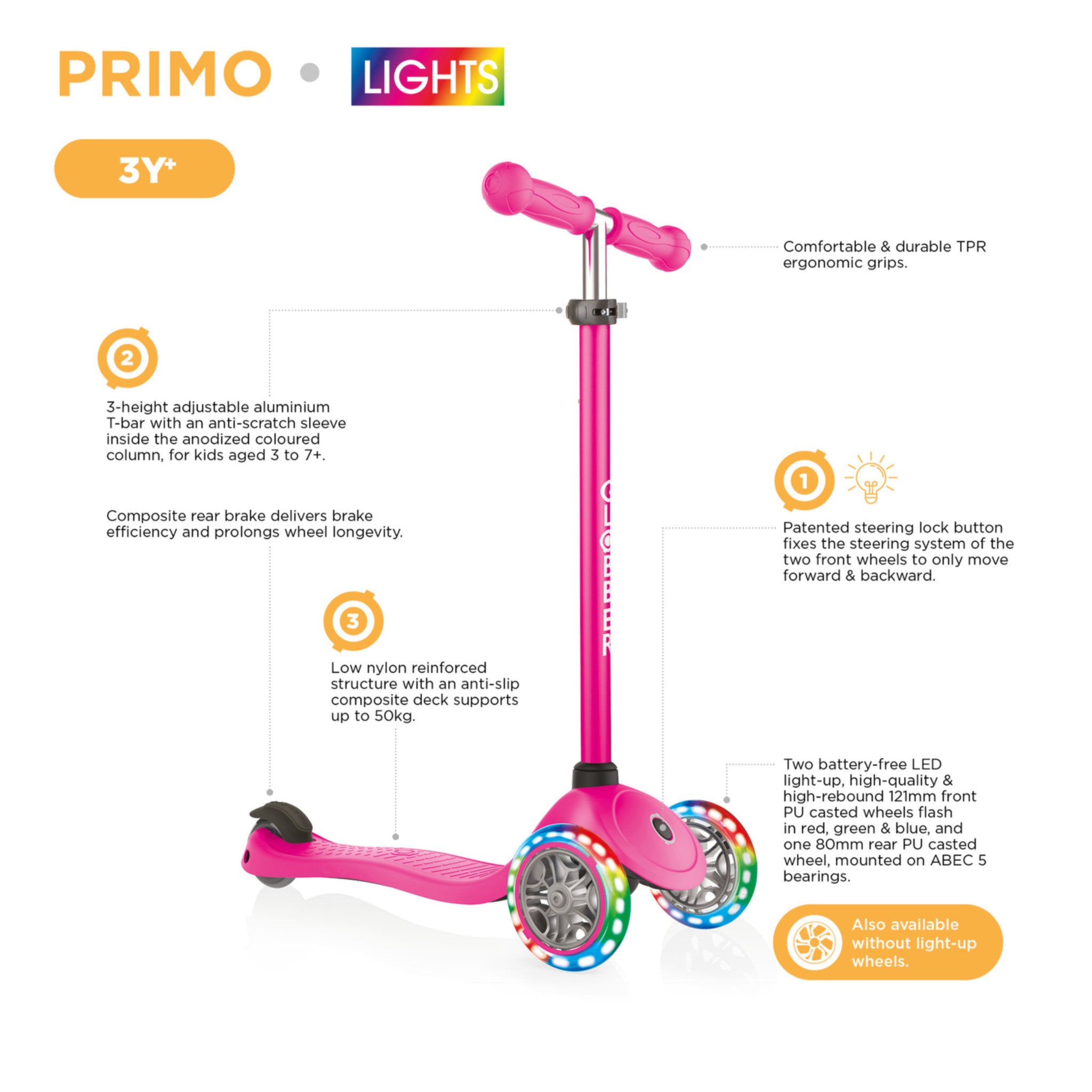 Globber Primo Lights V2 Scooter With Griptape